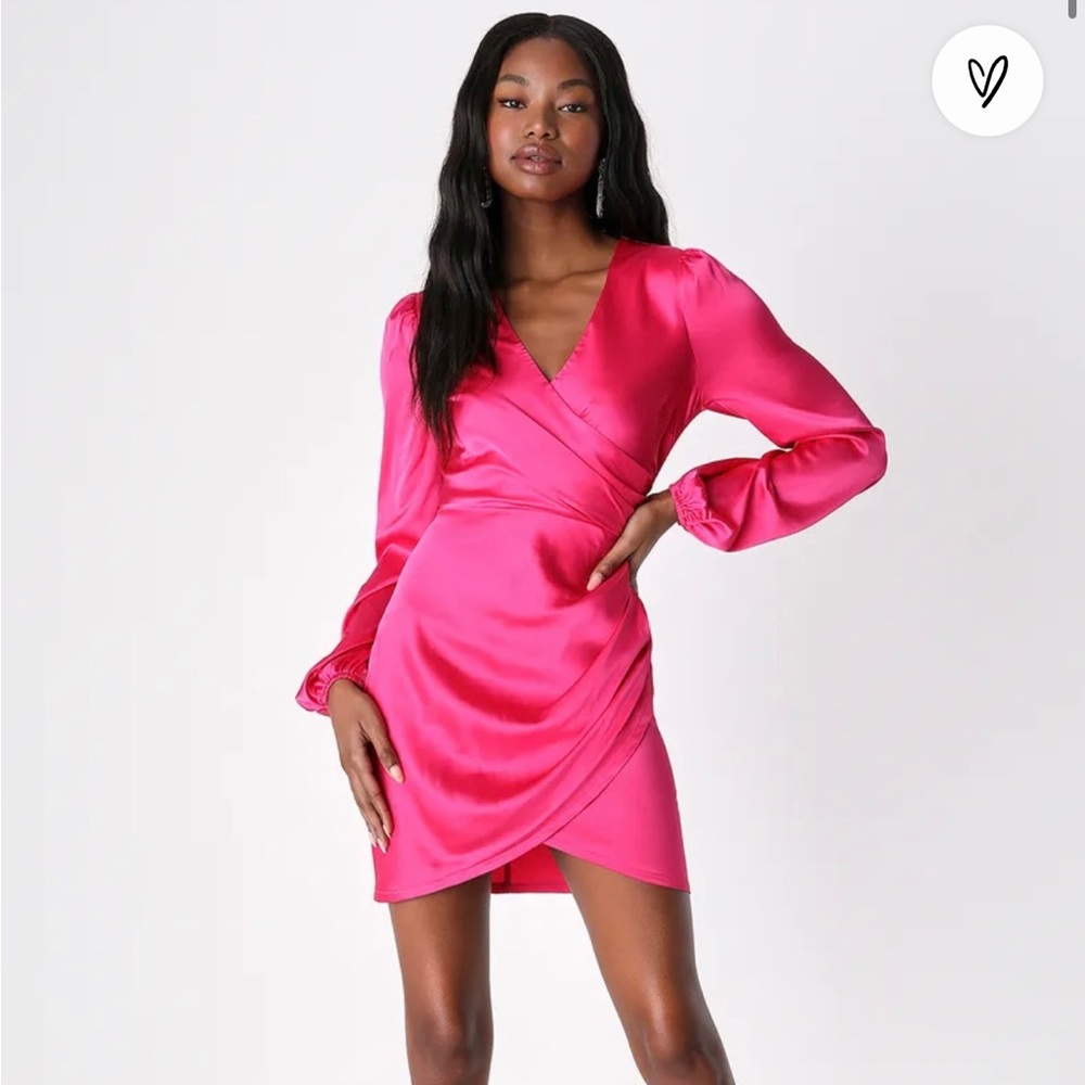 Hot Pink Satin Long Sleeve Dress